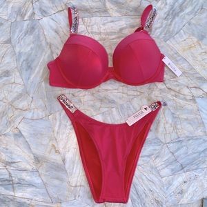 2 Pc Set 38C + Large VS Swim Shine Strap Sexy Tee Bikini + Bottoms Pink Red